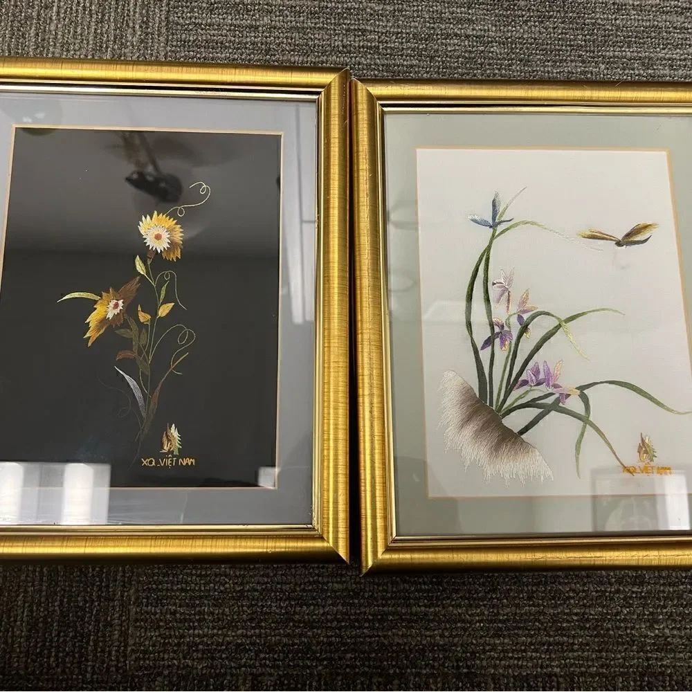 CQ Vietnam Silk Hand embroidered framed floral bird art in frame. Set of two.